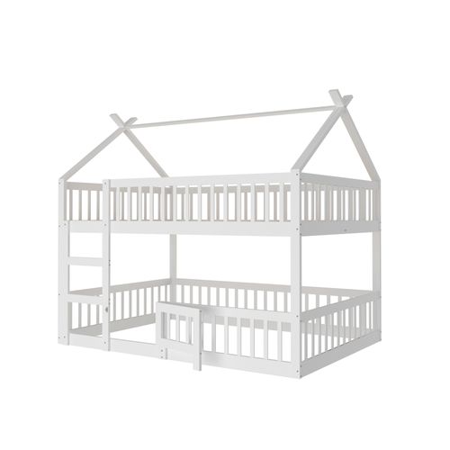 Lit Superposé Enfant 140x200 Cm Avec Porte, Barrières De Sécurité Et Escalier, En Bois Blanc