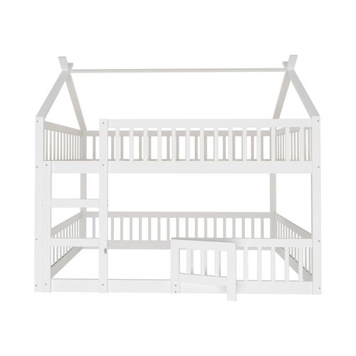 Lit Superposé Enfant 140x200 Cm Avec Porte, Barrières De Sécurité Et Escalier, En Bois Blanc