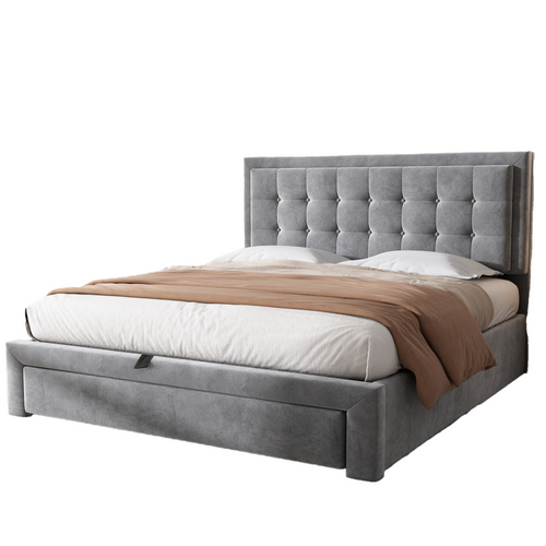 Lit Coffre Adulte 140x190 Cm En Velours Gris Avec Sommier, Tête Réglable Et Tiroir De Rangement