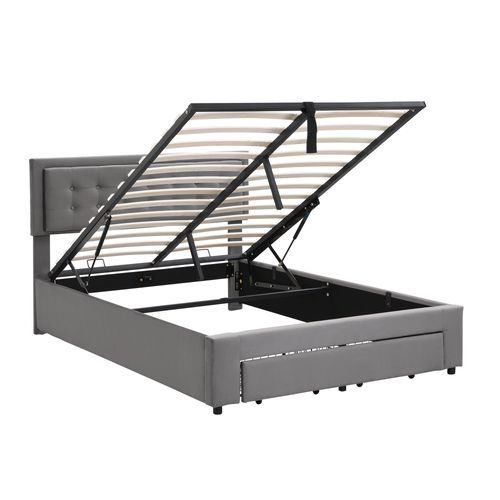 Lit Coffre Adulte 140x190 Cm En Velours Gris Avec Sommier, Tête Réglable Et Tiroir De Rangement