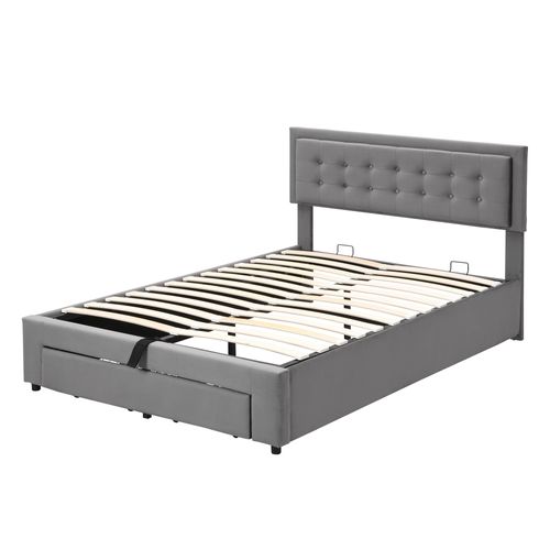 Lit Coffre Adulte 140x190 Cm En Velours Gris Avec Sommier, Tête Réglable Et Tiroir De Rangement