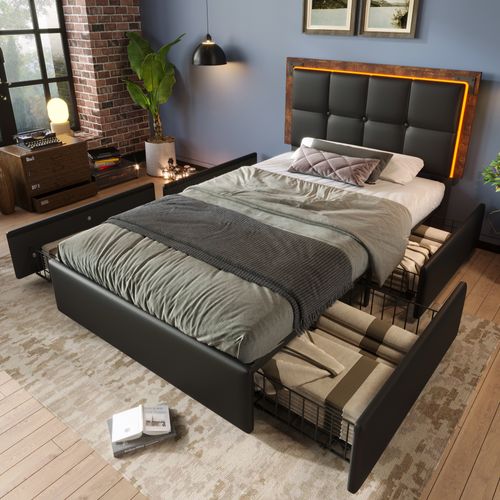 Lit Enfant LED 90x200 Cm Avec 4 Tiroirs De Rangement Et Tête Réglable, Sommier à Lattes, Pu Noir