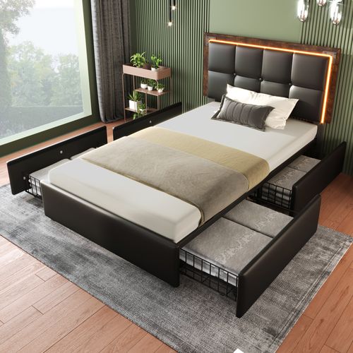 Lit Enfant LED 90x200 Cm Avec 4 Tiroirs De Rangement Et Tête Réglable, Sommier à Lattes, Pu Noir