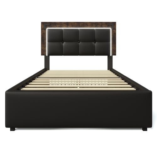 Lit Enfant LED 90x200 Cm Avec 4 Tiroirs De Rangement Et Tête Réglable, Sommier à Lattes, Pu Noir