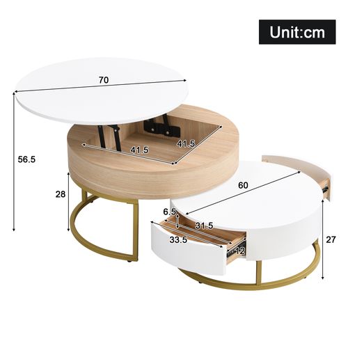 Tables Gigognes Relevable 70×70×42/56,5 Cm et 60×60×27 Cm Blanc Et Bois, Métal Doré Avec 2 Tiroirs