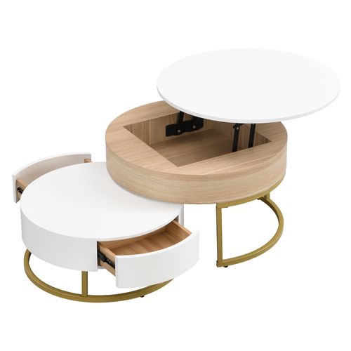Tables Gigognes Relevable 70×70×42/56,5 Cm et 60×60×27 Cm Blanc Et Bois, Métal Doré Avec 2 Tiroirs