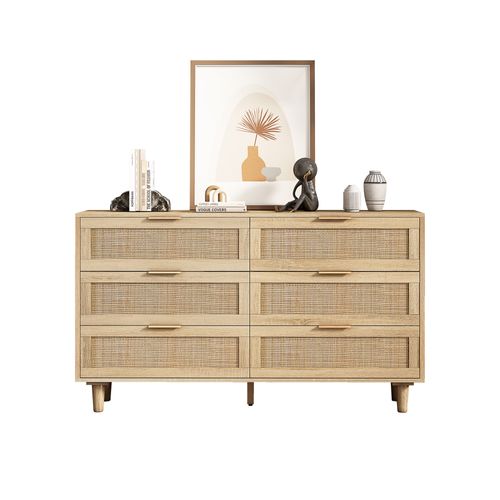 Buffet Bois, Commode 130 Cm Avec 6 Tiroirs En Rotin, Rangement Salon Et Chambre