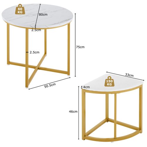 Ensemble Table Ronde 80 Cm Avec 4 Chaises Velours Blanc Et Structure Métal Doré