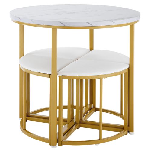 Ensemble Table Ronde 80 Cm Avec 4 Chaises Velours Blanc Et Structure Métal Doré