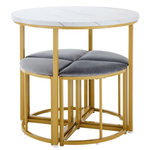 Ensemble Table Ronde Ø80×75 Cm Avec 4 Chaises En Velours Gris, Cadre Métal Doré, Avec Rangements