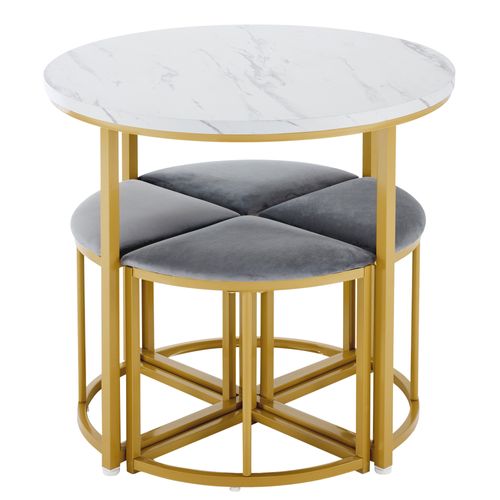 Ensemble Table Ronde Ø80×75 Cm Avec 4 Chaises En Velours Gris, Cadre Métal Doré, Avec Rangements