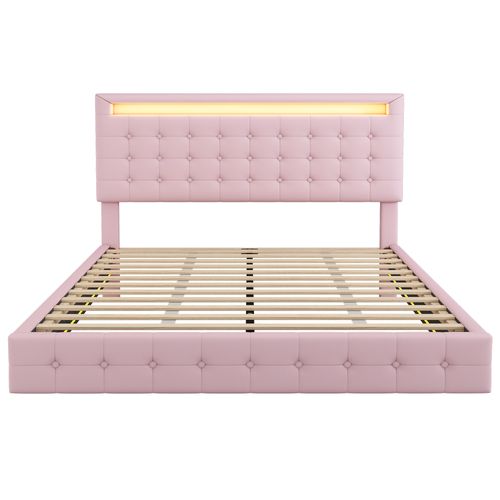 Lit Enfant 140x200 Cm En Pu Rose Avec LED, Tête De Lit Réglable Et Sommier à Lattes