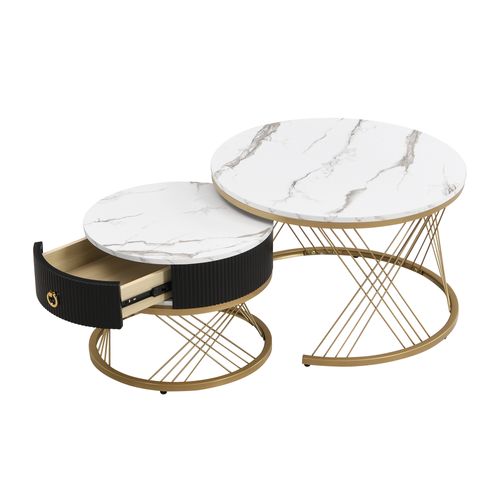 Tables Basses Gigognes 70×70×45 et 50×50×40 Cm Avec Tiroir, Effet Marbre Blanc, Pieds Métal Doré