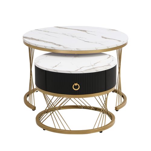 Tables Basses Gigognes 70×70×45 et 50×50×40 Cm Avec Tiroir, Effet Marbre Blanc, Pieds Métal Doré