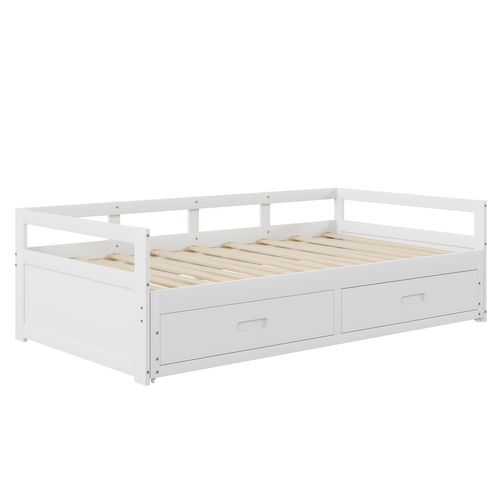 Lit Enfant 90x200 Extensible 180x200 Cm En Pin Blanc, Avec 2 Tiroirs De Rangement