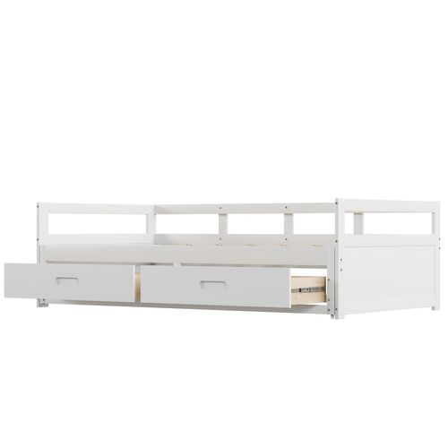 Lit Enfant 90x200 Extensible 180x200 Cm En Pin Blanc, Avec 2 Tiroirs De Rangement