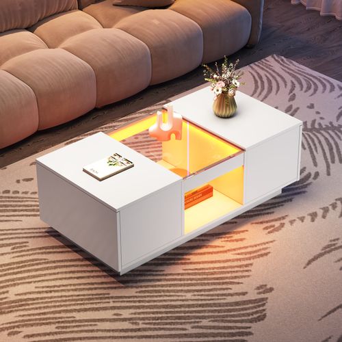 Table Basse 100x50x35,5 Cm Blanche Avec Inserts En Verre, LED, 2 Tiroirs Et Niche Ouverte