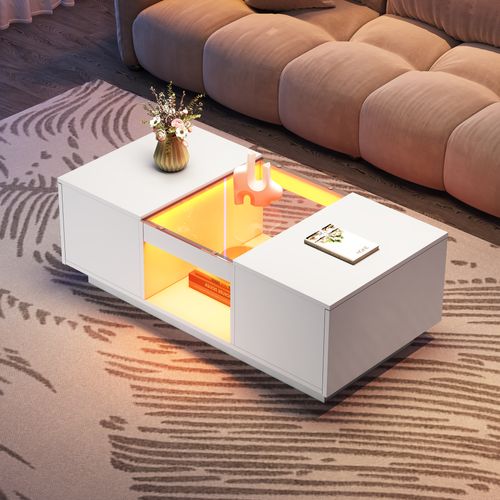 Table Basse 100x50x35,5 Cm Blanche Avec Inserts En Verre, LED, 2 Tiroirs Et Niche Ouverte