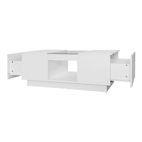 Table Basse 100x50x35,5 Cm Blanche Avec Inserts En Verre, LED, 2 Tiroirs Et Niche Ouverte
