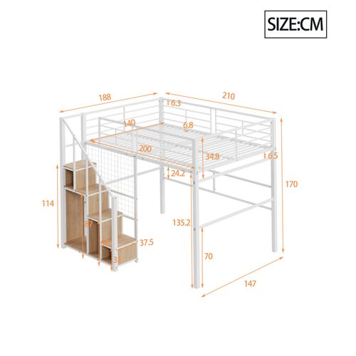 Lit Mezzanine Adulte 140x200 Cm Avec Rangements, Escalier Sécurisé, Métal Blanc