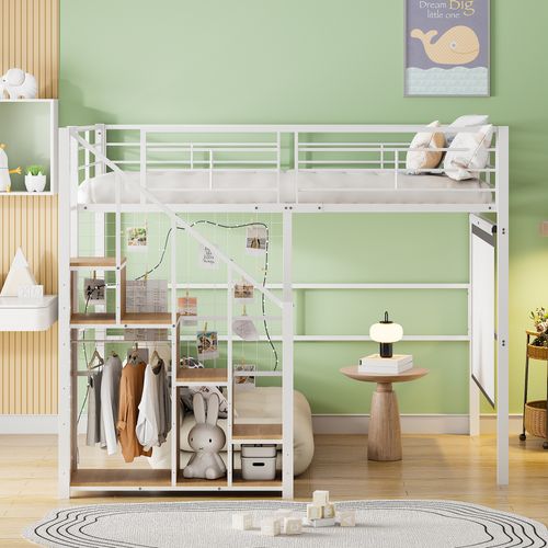 Lit Mezzanine Adulte 140x200 Cm Avec Rangements, Escalier Sécurisé, Métal Blanc