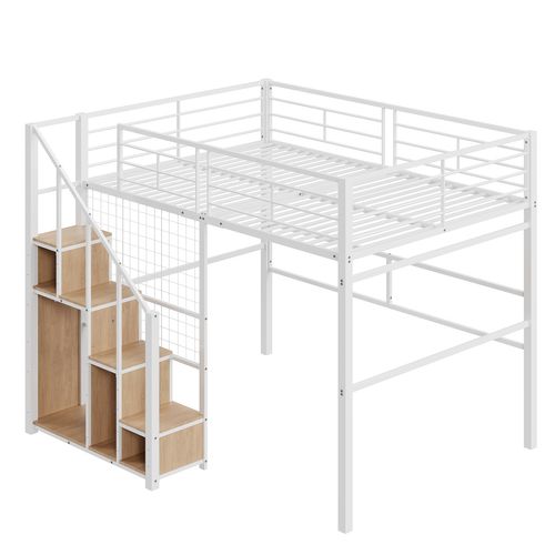 Lit Mezzanine Adulte 140x200 Cm Avec Rangements, Escalier Sécurisé, Métal Blanc