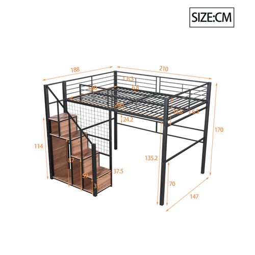 Lit Mezzanine Adulte 140x200 Cm En Métal Noir Avec Rangements Et Échelle Sécurisée