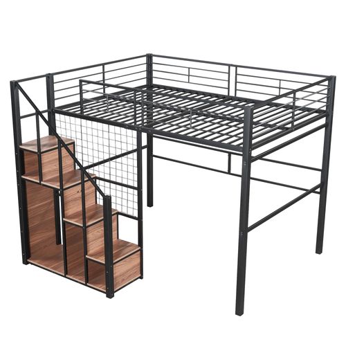 Lit Mezzanine Adulte 140x200 Cm En Métal Noir Avec Rangements Et Échelle Sécurisée