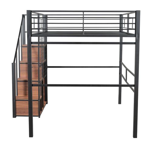 Lit Mezzanine Adulte 140x200 Cm En Métal Noir Avec Rangements Et Échelle Sécurisée