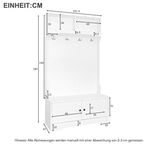Vestiaire D'entrée 101,5 X 183 Cm Avec Rangement Sous Banc, 4 Crochets Et 2 Niches, Blanc