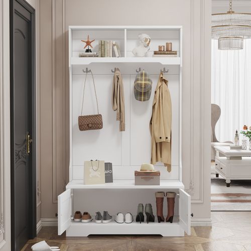 Vestiaire D'entrée 101,5 X 183 Cm Avec Rangement Sous Banc, 4 Crochets Et 2 Niches, Blanc