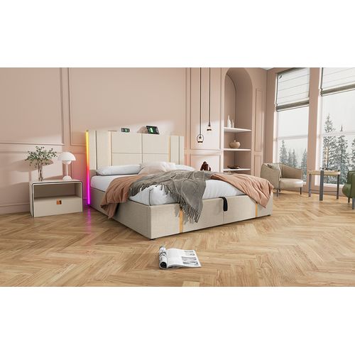 Lit Coffre Adulte 160x200 Cm Beige Avec LED, Ports USB et Rangement, Lin