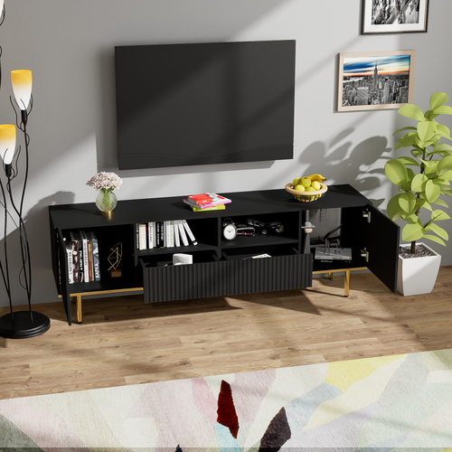 Meuble TV 165x36x55 Cm Noir Et Doré Avec 2 Tiroirs Et 2 Niches, Rangement Salon