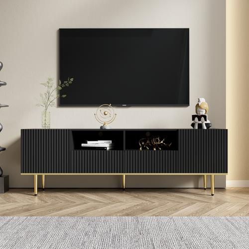 Meuble TV 165x36x55 Cm Noir Et Doré Avec 2 Tiroirs Et 2 Niches, Rangement Salon