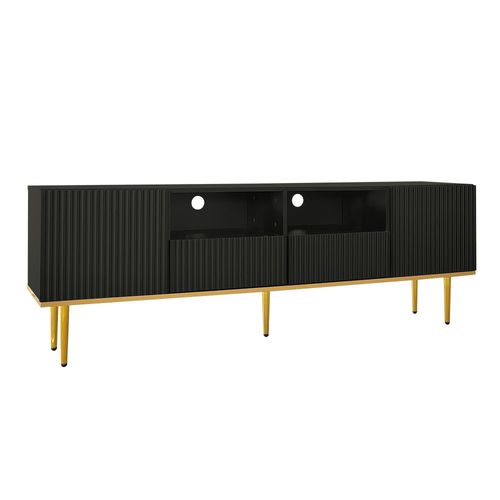 Meuble TV 165x36x55 Cm Noir Et Doré Avec 2 Tiroirs Et 2 Niches, Rangement Salon