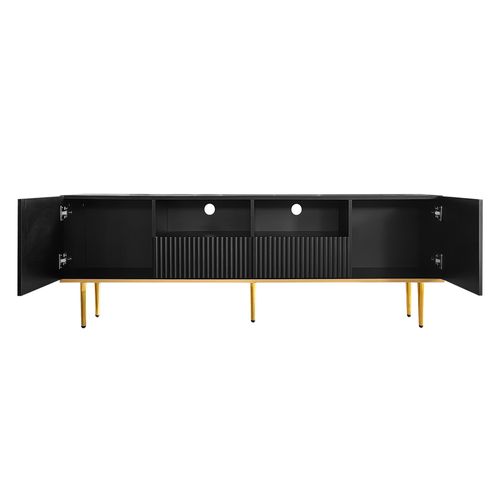 Meuble TV 165x36x55 Cm Noir Et Doré Avec 2 Tiroirs Et 2 Niches, Rangement Salon