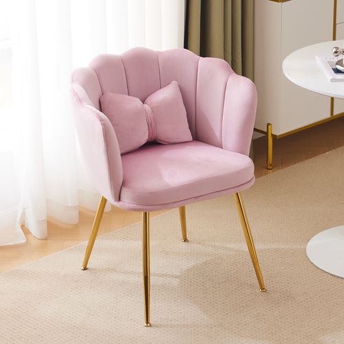 Fauteuil Velours Rose, Dossier Pétale, Coussin Papillon Et Pieds Métal Doré