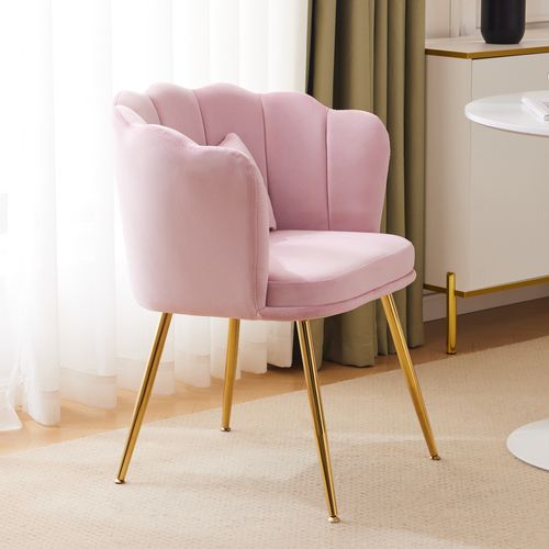 Fauteuil Velours Rose, Dossier Pétale, Coussin Papillon Et Pieds Métal Doré