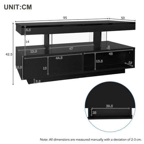 Table Basse Noire Haute Brillance 95x50x42,5 Cm, 4 Inserts En Verre, 2 Tiroirs