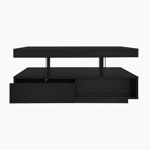 Table Basse Noire Haute Brillance 95x50x42,5 Cm, 4 Inserts En Verre, 2 Tiroirs