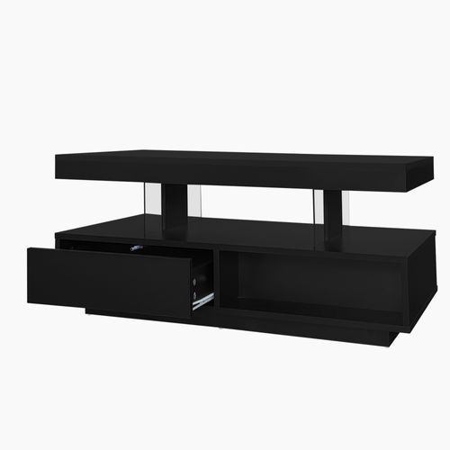 Table Basse Noire Haute Brillance 95x50x42,5 Cm, 4 Inserts En Verre, 2 Tiroirs
