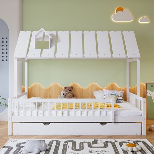 Lit Cabane Gigogne 120x200 + 120x190 Cm En Bois Blanc Avec Barrières De Sécurité Et Sommier à Lattes