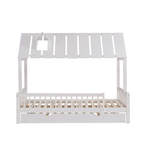 Lit Cabane Gigogne 120x200 + 120x190 Cm En Bois Blanc Avec Barrières De Sécurité Et Sommier à Lattes