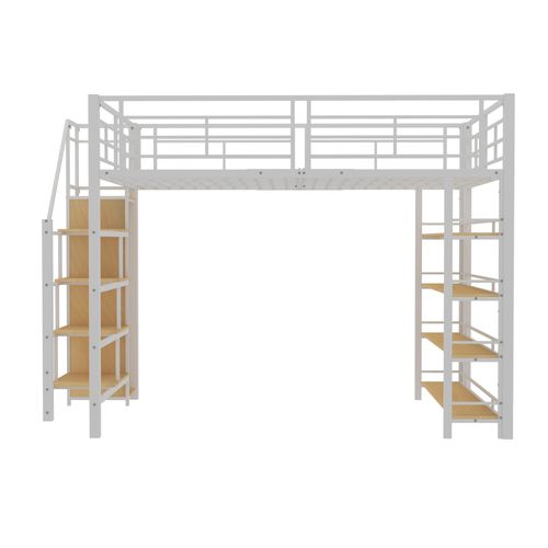 Lit Mezzanine Adulte 140x200 En Métal Blanc Avec Escalier, Étagères Et Petite Armoire, Rangement