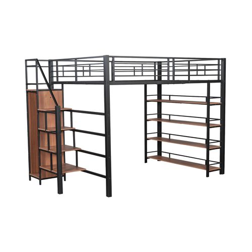 Lit Mezzanine Adulte 140x200 En Métal Noir Avec Escalier, Étagères Et Petite Armoire, Rangement