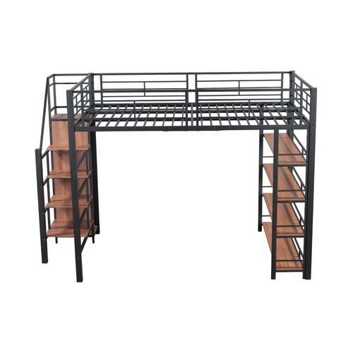 Lit Mezzanine Adulte 140x200 En Métal Noir Avec Escalier, Étagères Et Petite Armoire, Rangement