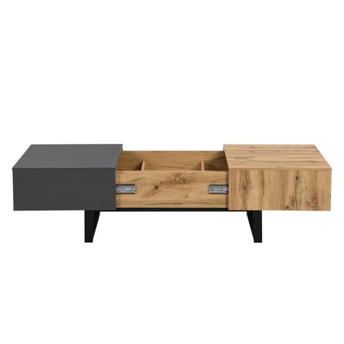 Table Basse Extensible Bois Et Noire 100/155 Cm Avec Rangements Caché, Métal Anthracite