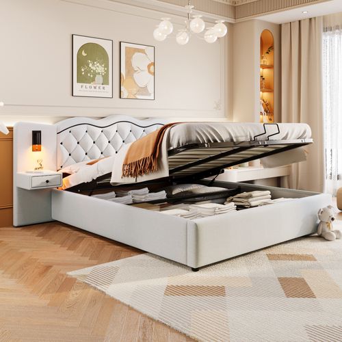 Lit Adulte 180x200 Cm Coffre De Rangement, Lampes LED, Chevets, Tiroirs, Ports USB, Lin Beige