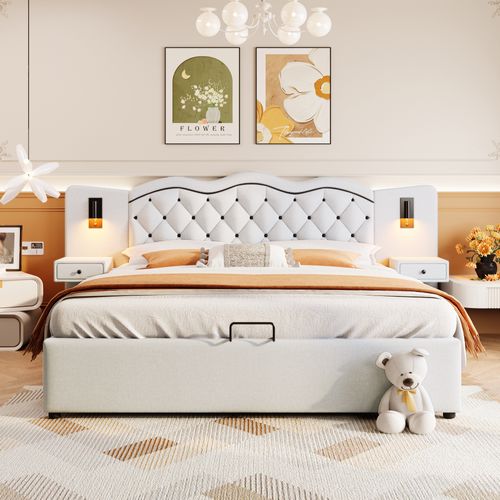 Lit Adulte 180x200 Cm Coffre De Rangement, Lampes LED, Chevets, Tiroirs, Ports USB, Lin Beige