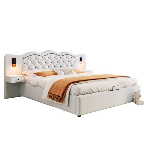 Lit Adulte 180x200 Cm Coffre De Rangement, Lampes LED, Chevets, Tiroirs, Ports USB, Lin Beige